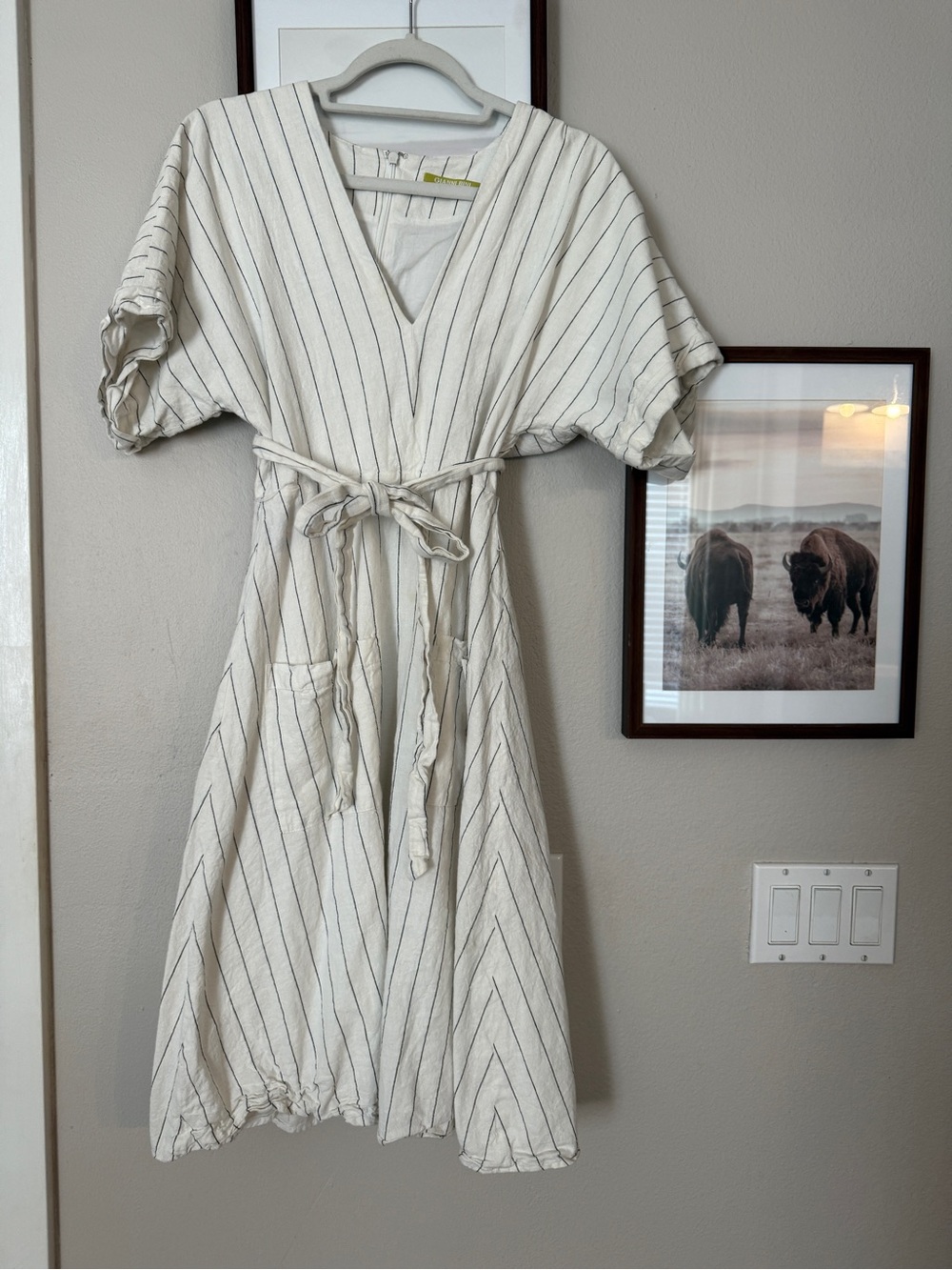 Gianni Bini Cream Dress with Thin Black Stripes and Tie Waist